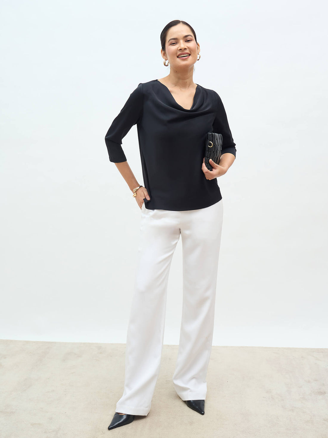 Amela Cowl Neck Top-Black