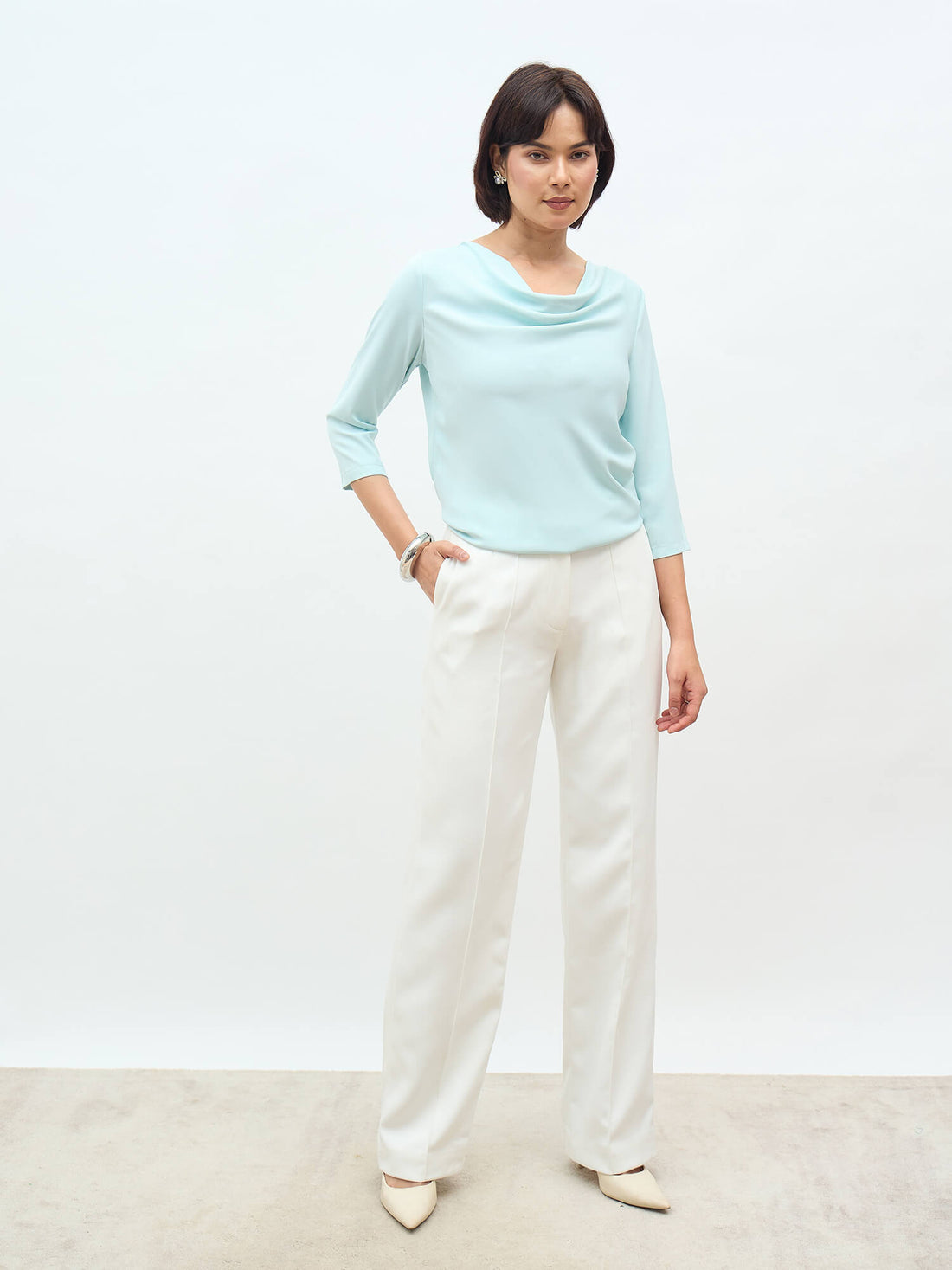 Amela Cowl Neck Top-Ice Blue
