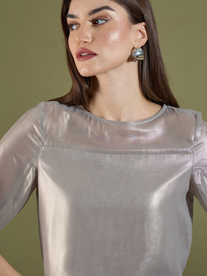 Ashley Boat Neck Semi Sheer Top-Silver