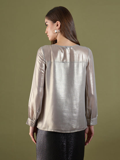 Ashley Boat Neck Semi Sheer Top-Silver