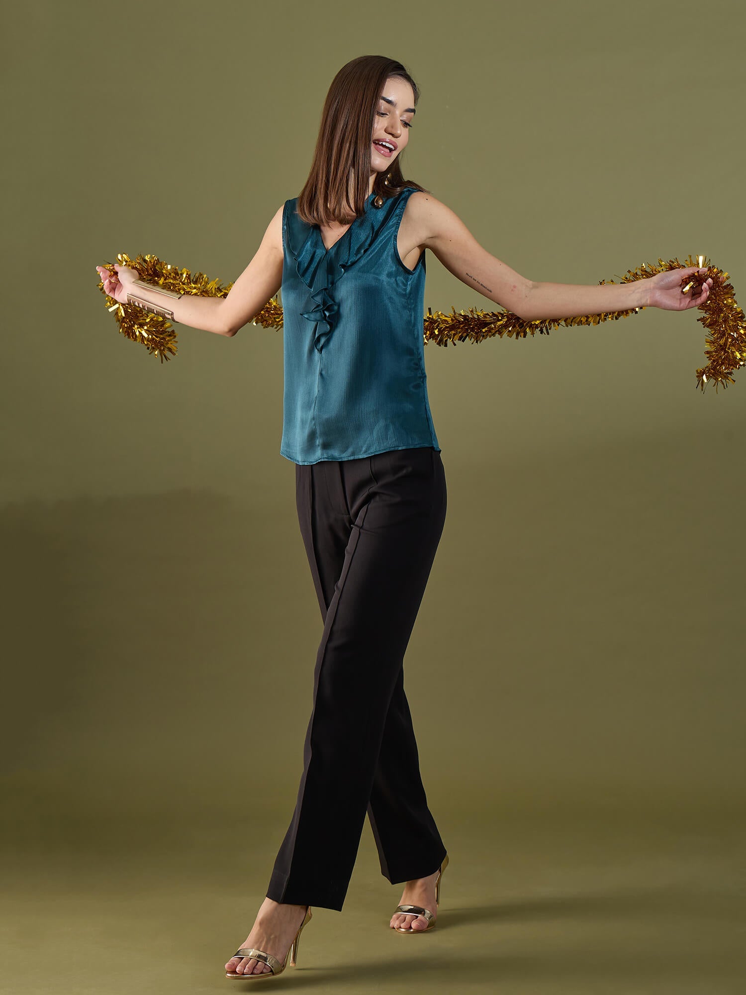 Noel Ruffle Neck Sleeveless Top-Teal