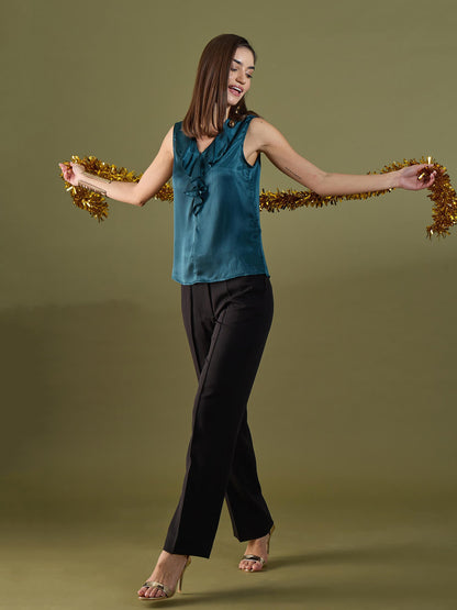 Noel Ruffle Neck Sleeveless Top-Teal