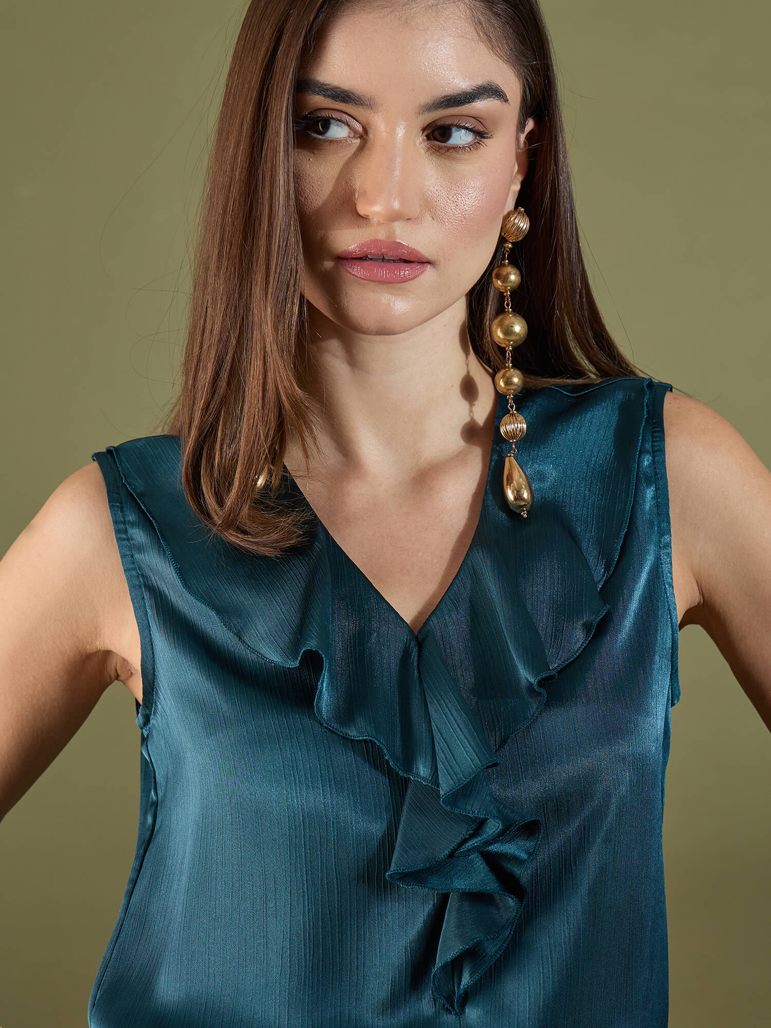 Noel Ruffle Neck Sleeveless Top-Teal