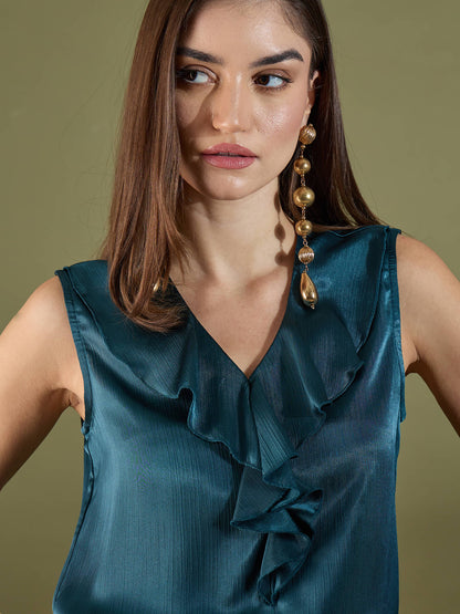 Noel Ruffle Neck Sleeveless Top-Teal