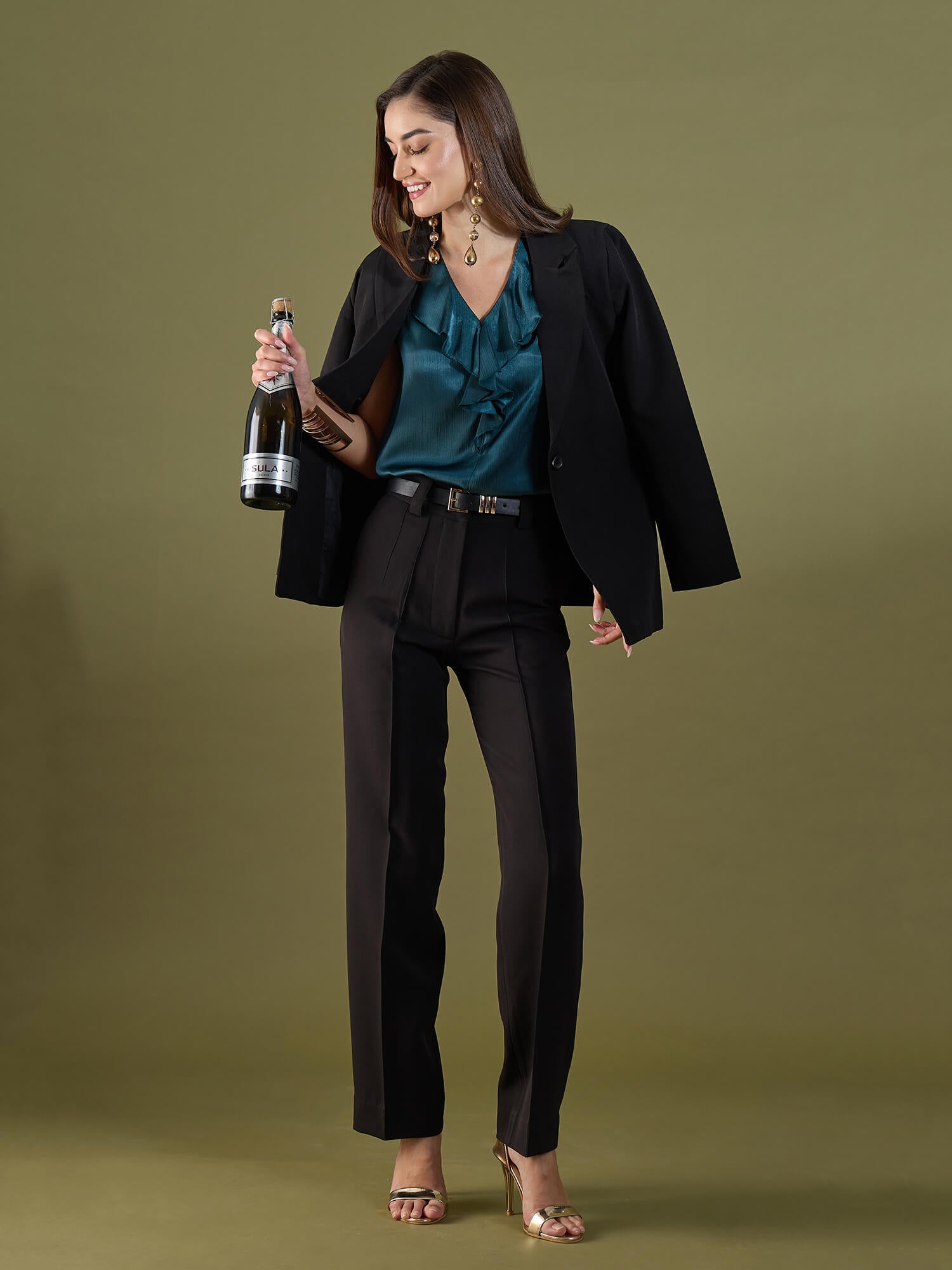 Noel Ruffle Neck Sleeveless Top-Teal