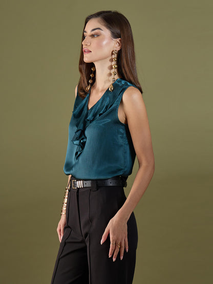 Noel Ruffle Neck Sleeveless Top-Teal