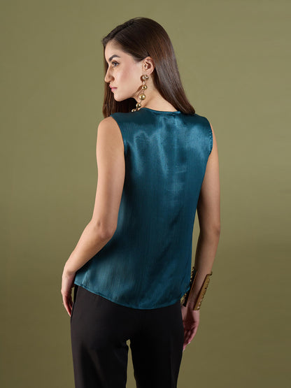Noel Ruffle Neck Sleeveless Top-Teal