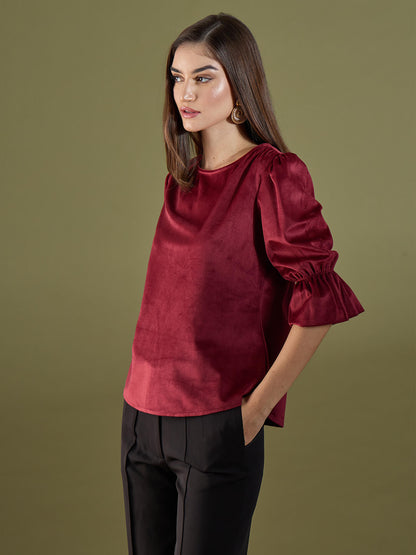 Genessa Boat Neck Velvet Top-Maroon