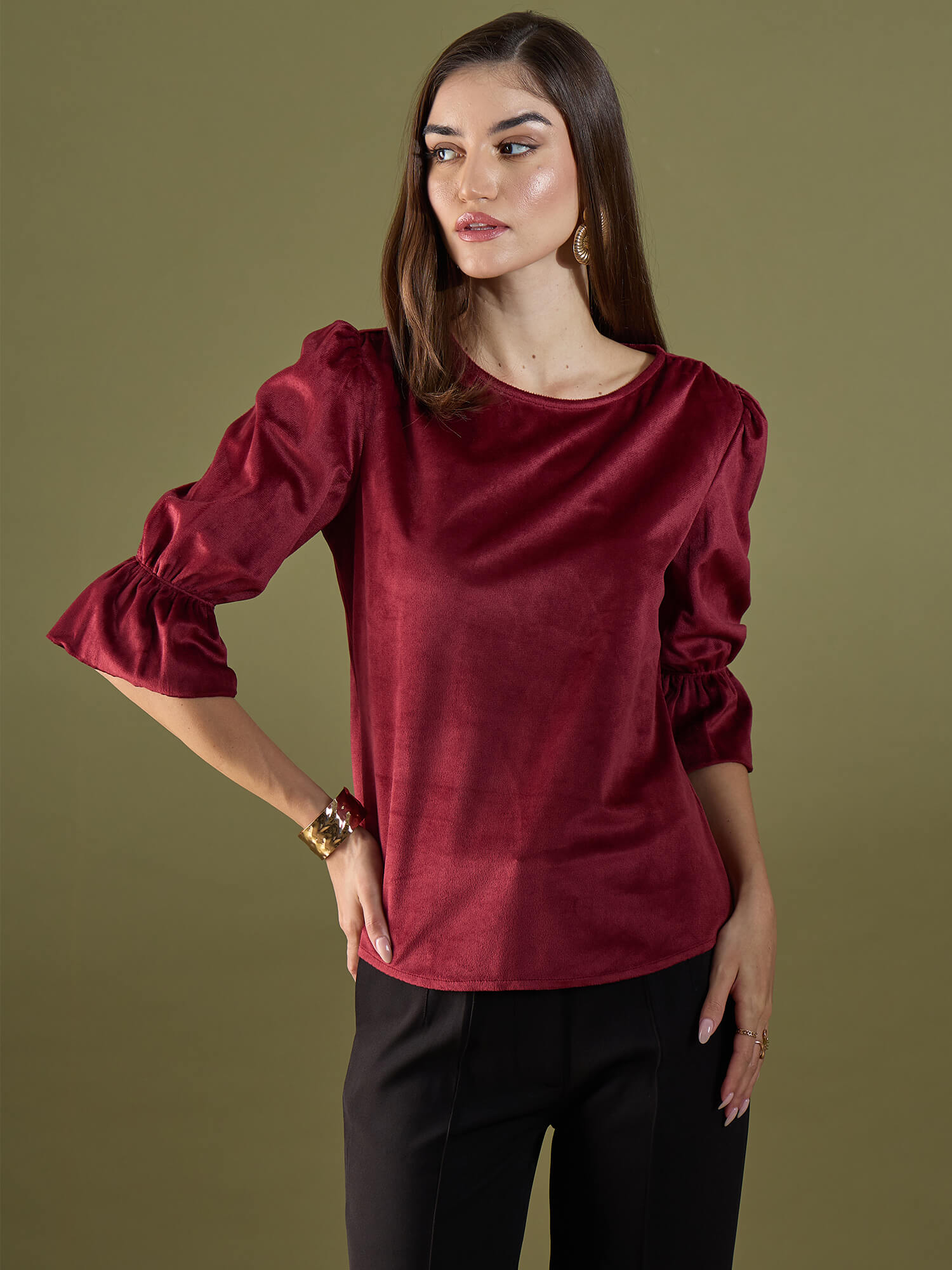 Genessa Boat Neck Velvet Top-Maroon