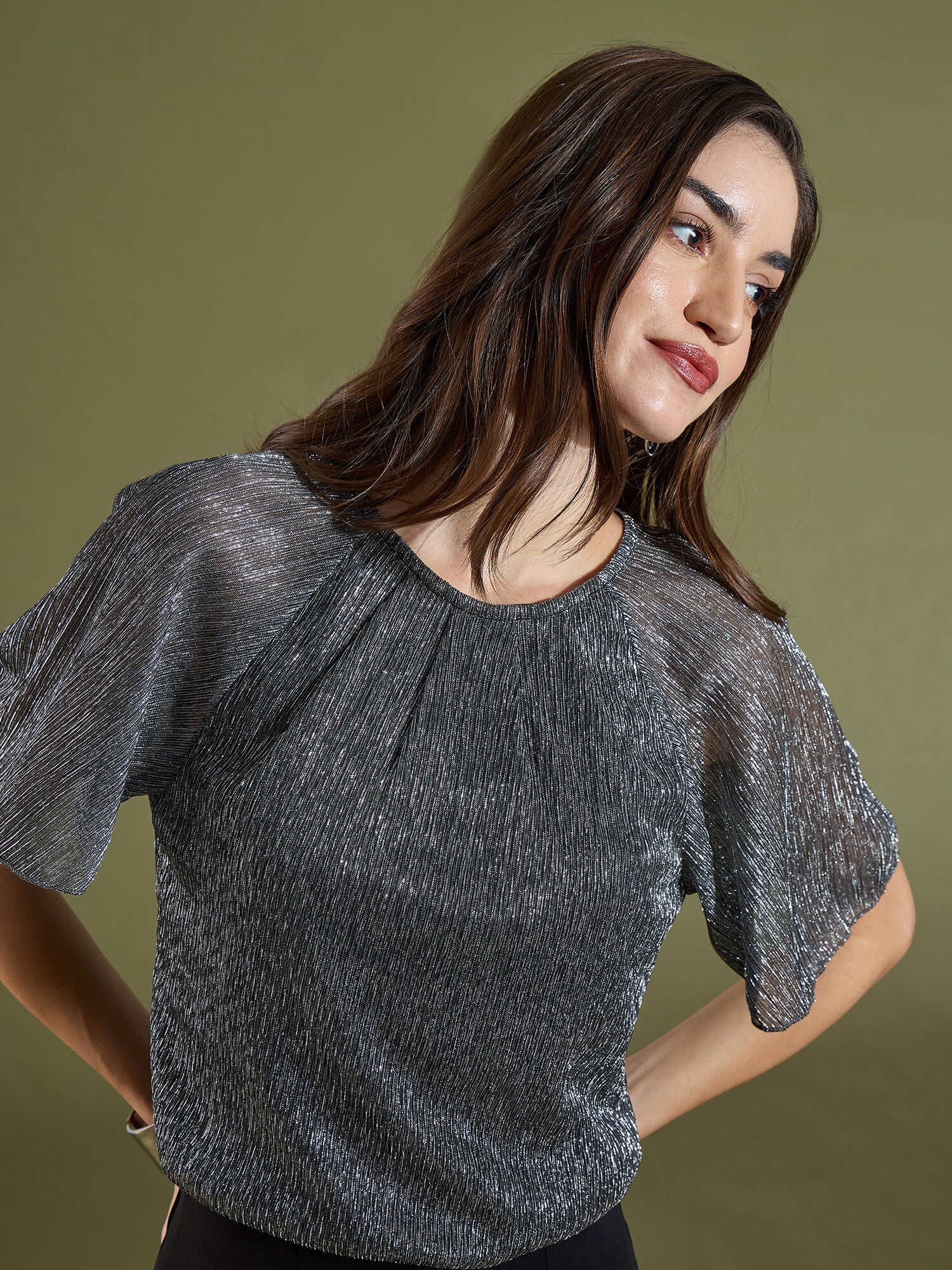 Vella Pleated Neck Flare Sleeve Top-Silver