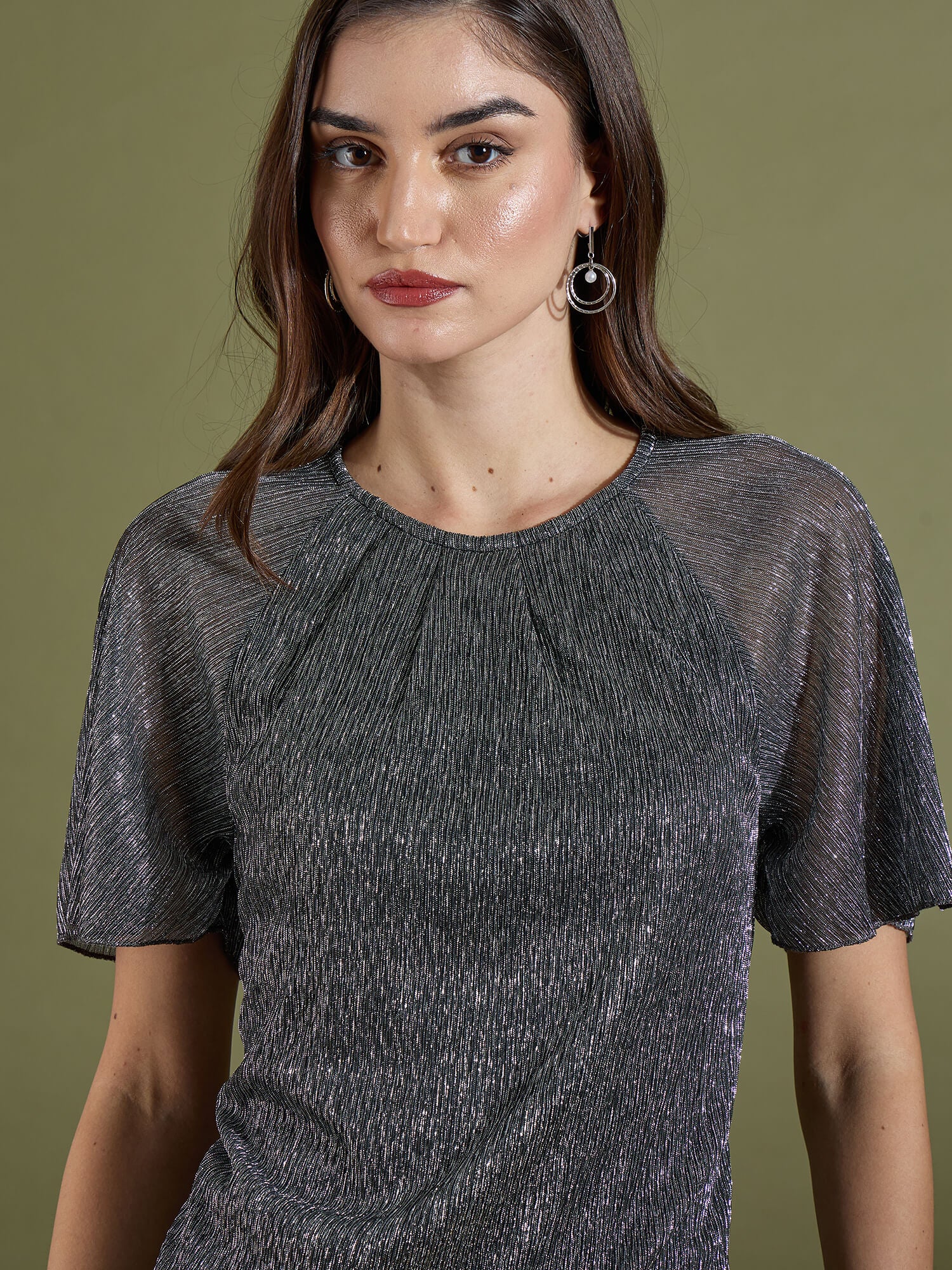 Vella Pleated Neck Flare Sleeve Top-Silver