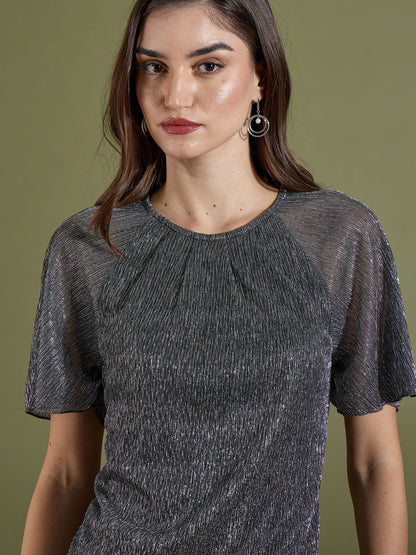 Vella Pleated Neck Flare Sleeve Top-Silver