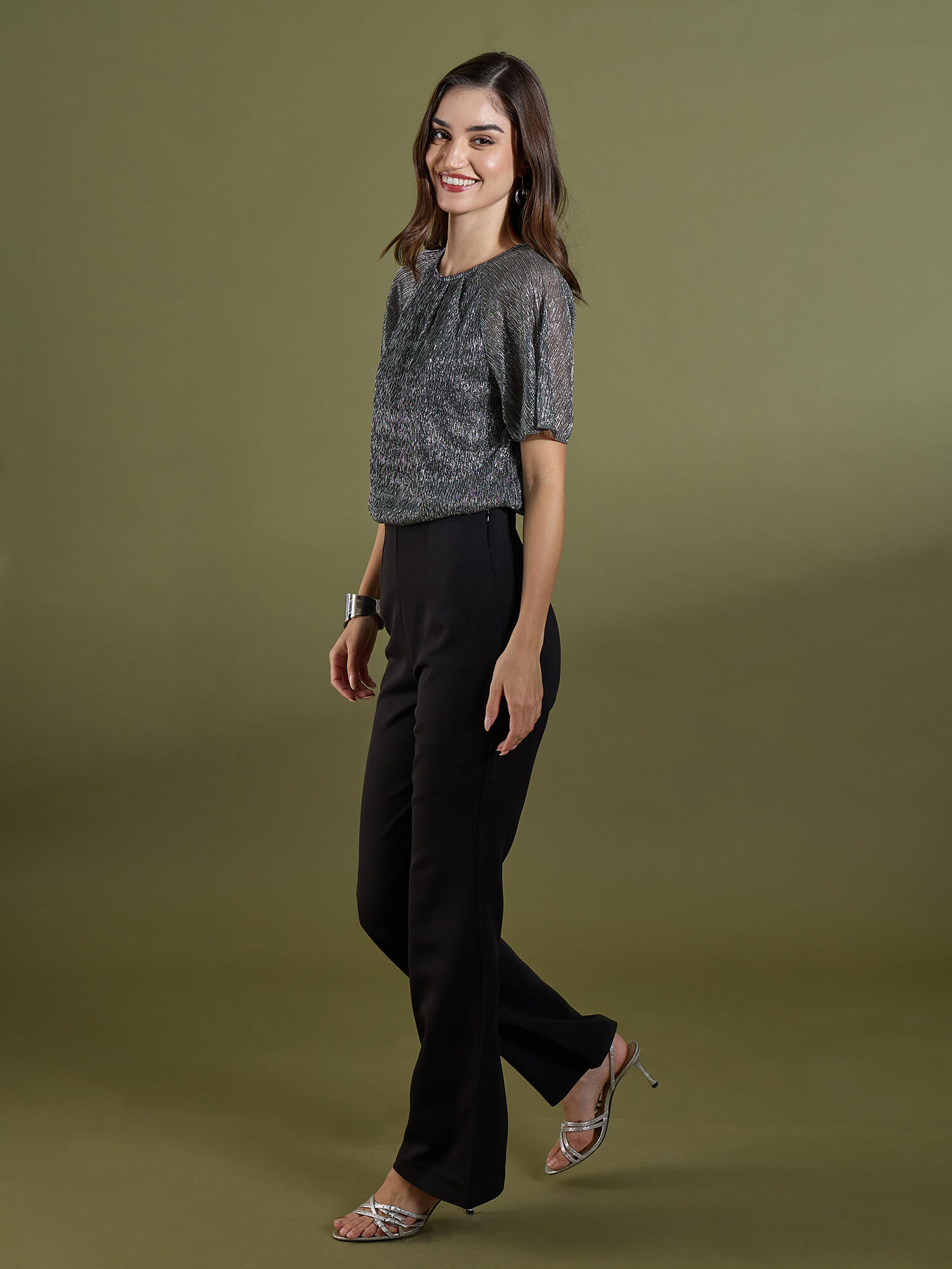 Vella Pleated Neck Flare Sleeve Top-Silver