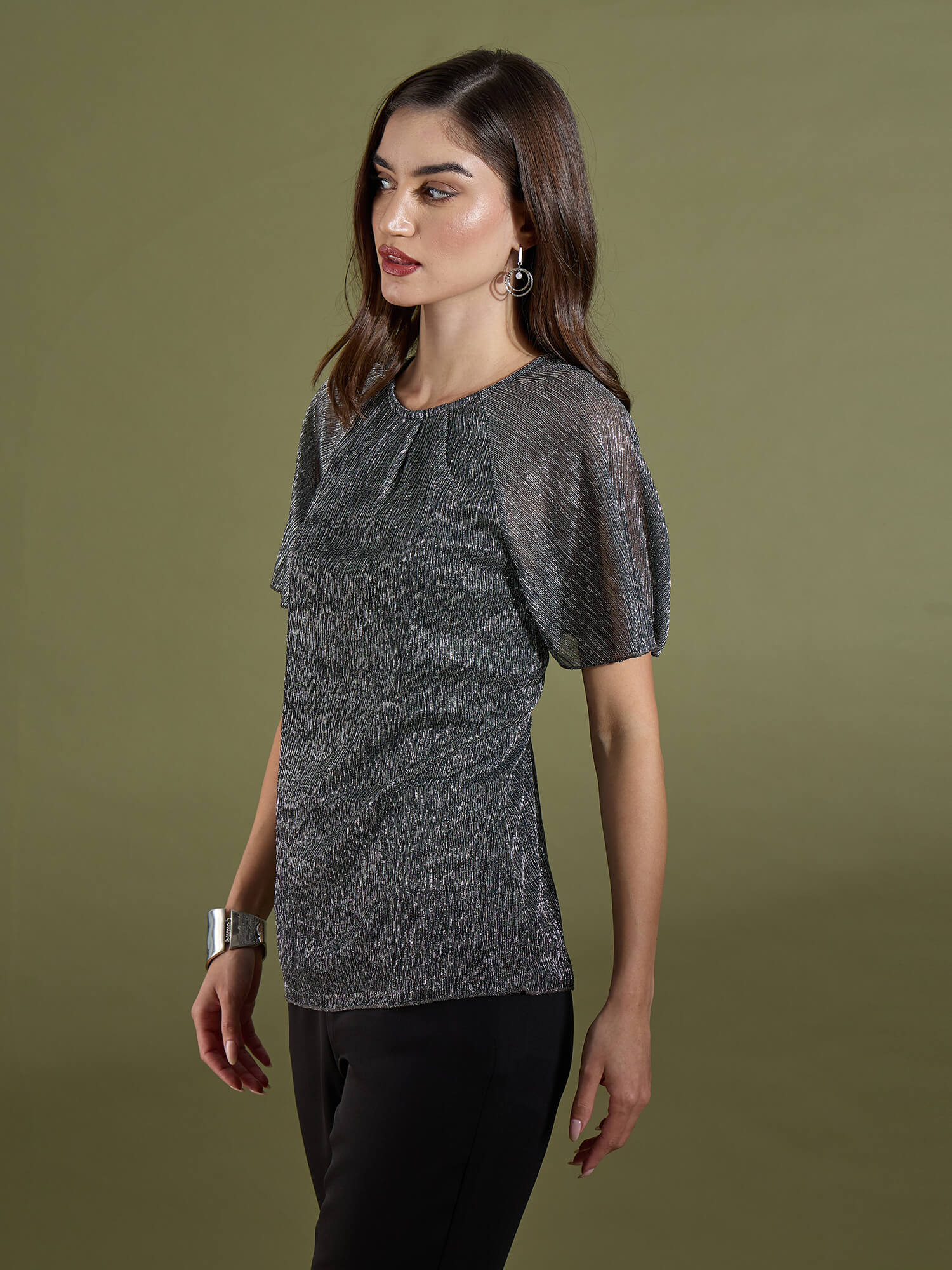 Vella Pleated Neck Flare Sleeve Top-Silver