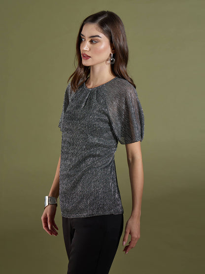 Vella Pleated Neck Flare Sleeve Top-Silver