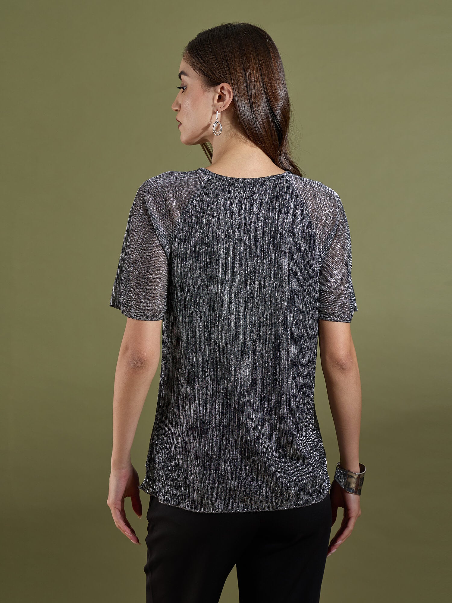 Vella Pleated Neck Flare Sleeve Top-Silver