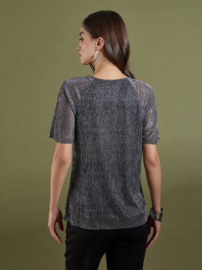 Vella Pleated Neck Flare Sleeve Top-Silver