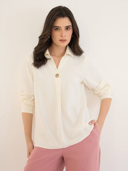 Andorra-Off White Front Pleat With Metallic Button Top-Off White