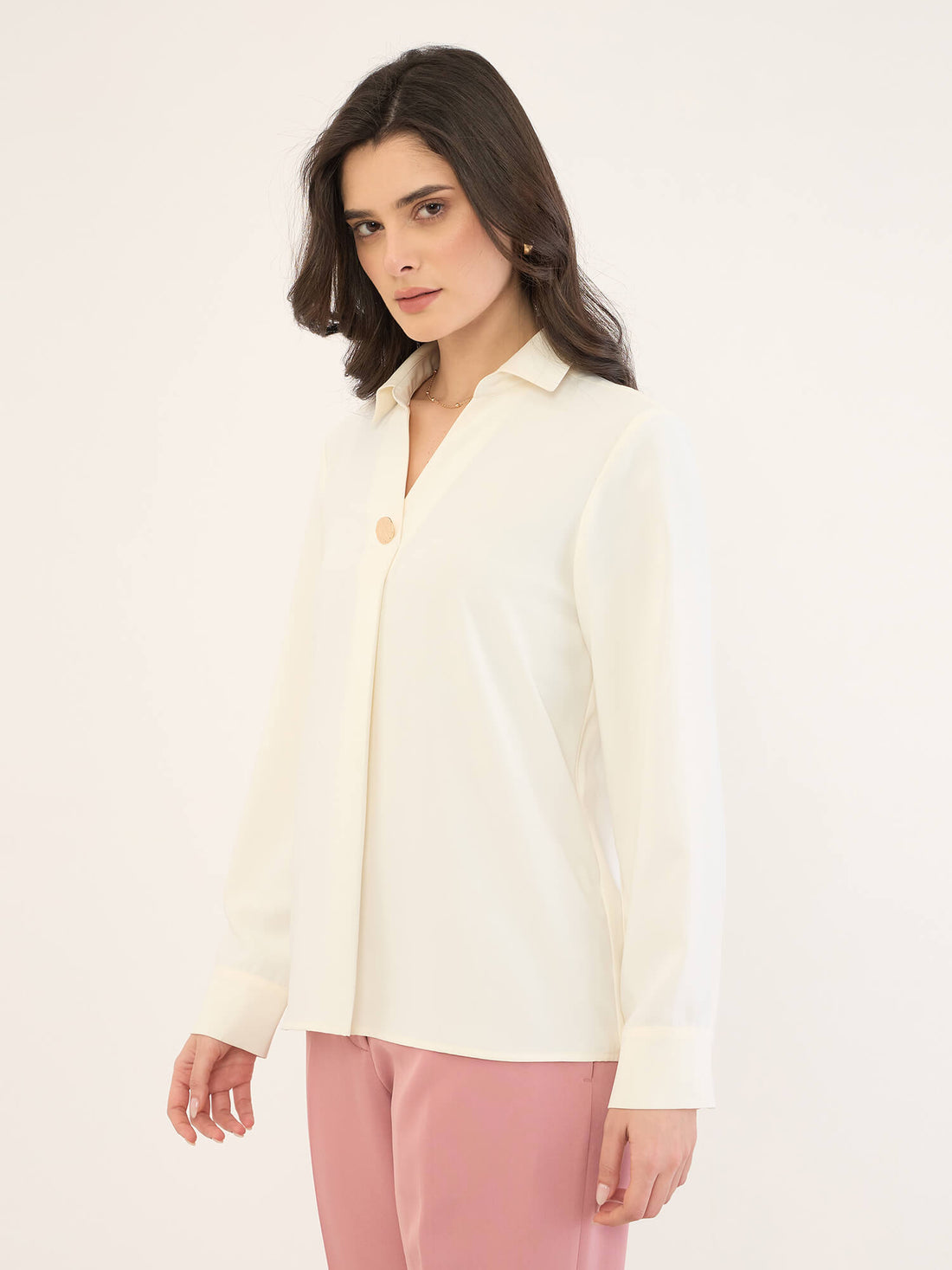 Andorra-Off White Front Pleat With Metallic Button Top-Off White