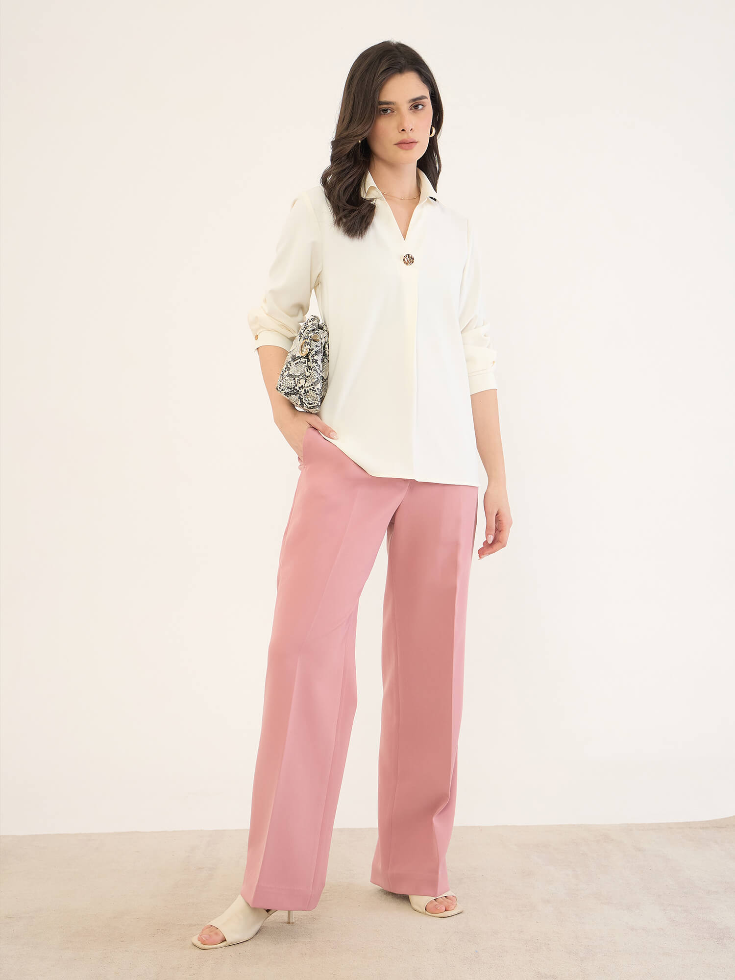 Andorra-Off White Front Pleat With Metallic Button Top-Off White