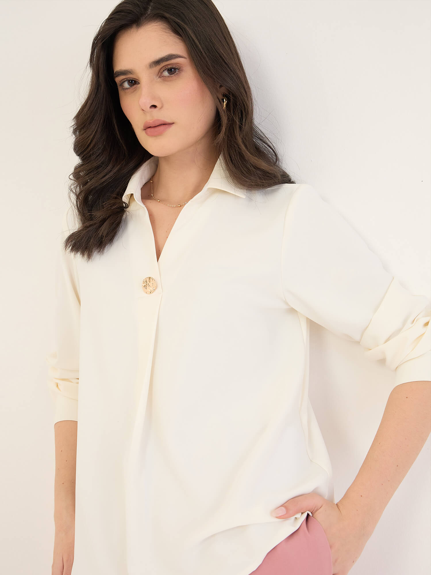 Andorra-Off White Front Pleat With Metallic Button Top-Off White