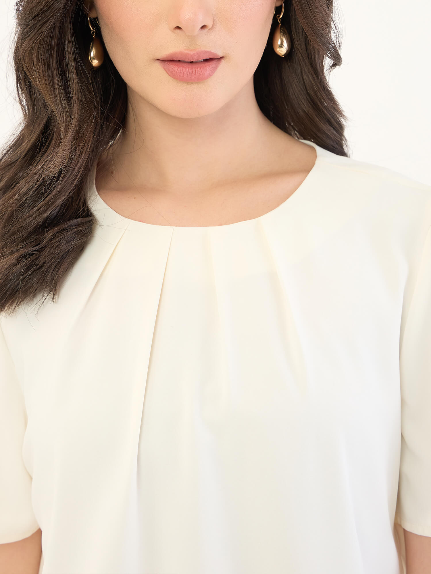 Medley-Off White Pleated Neck Top-Off White