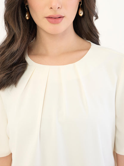 Medley-Off White Pleated Neck Top-Off White