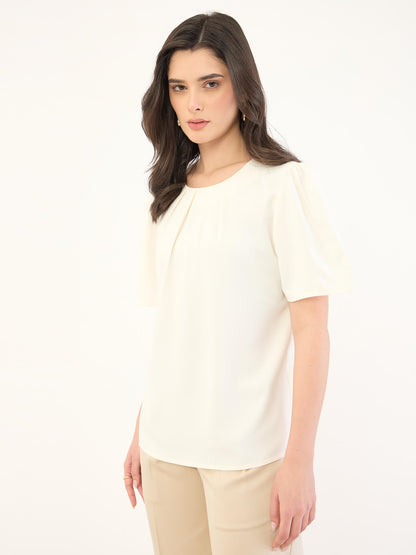 Medley-Off White Pleated Neck Top-Off White