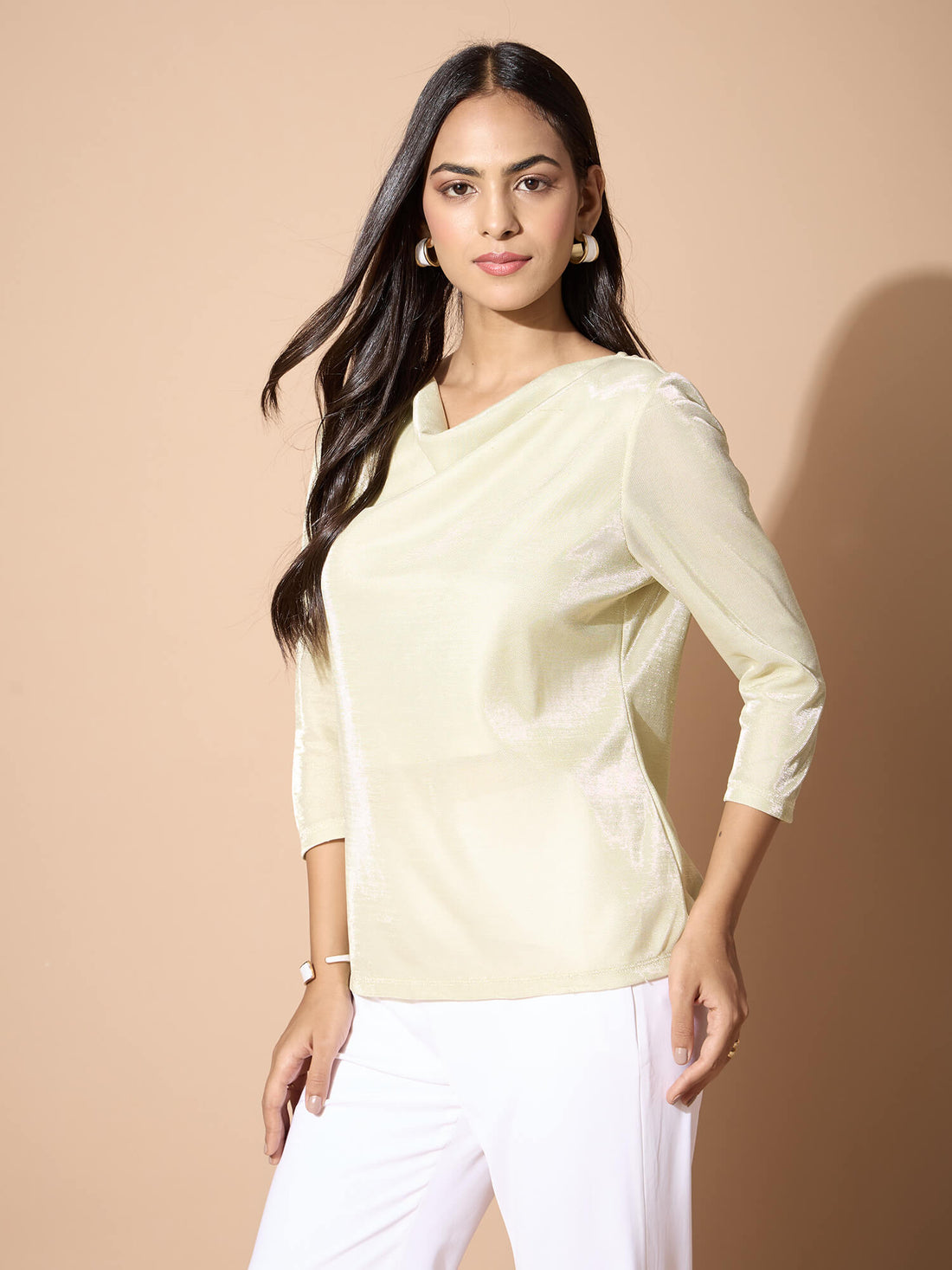 Bling cowl neck shimmer top-Ivory