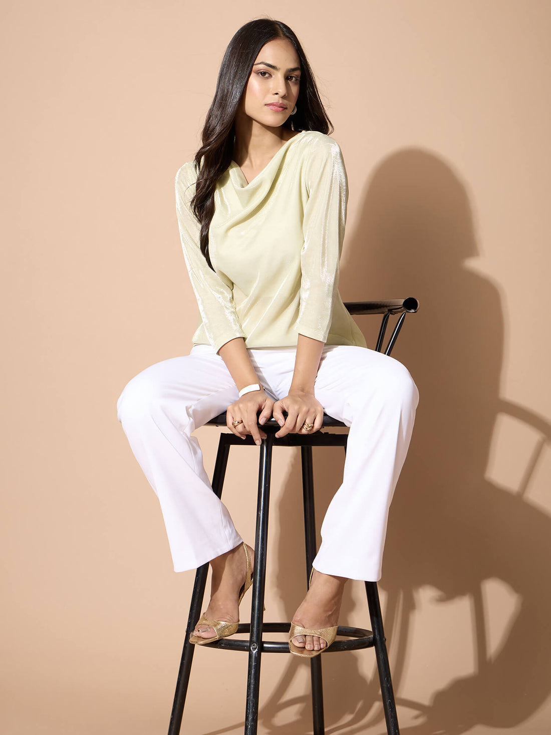 Bling cowl neck shimmer top-Ivory