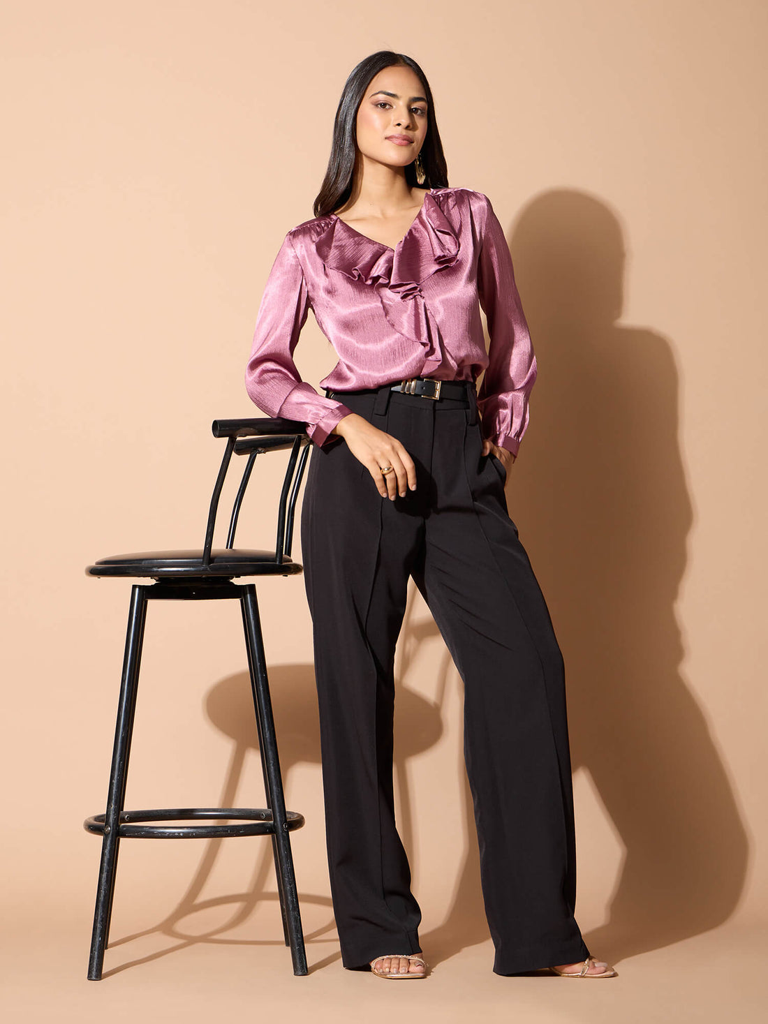 Glint Ruffle neck top-Mauve