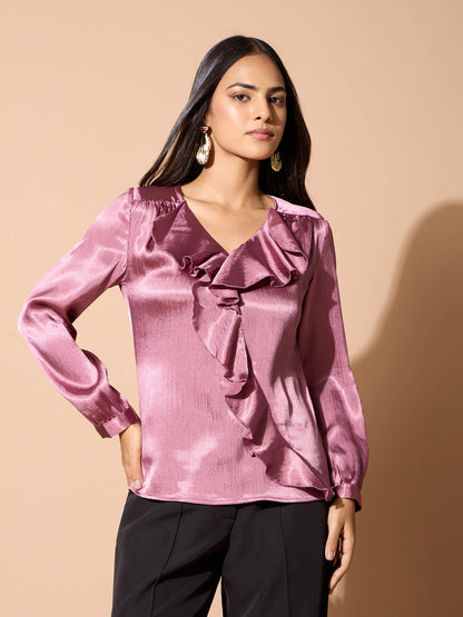 Glint Ruffle neck top-Mauve