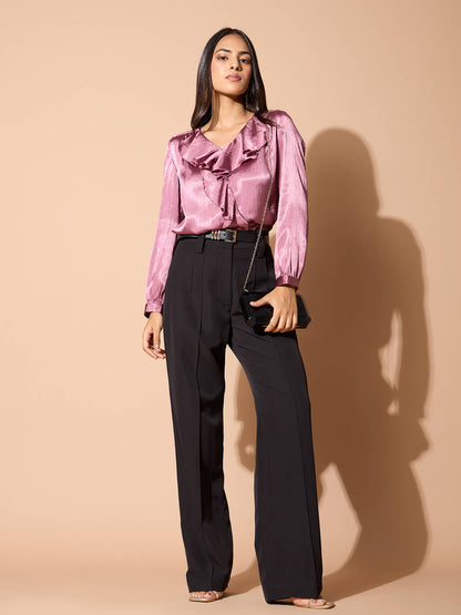 Glint Ruffle neck top-Mauve