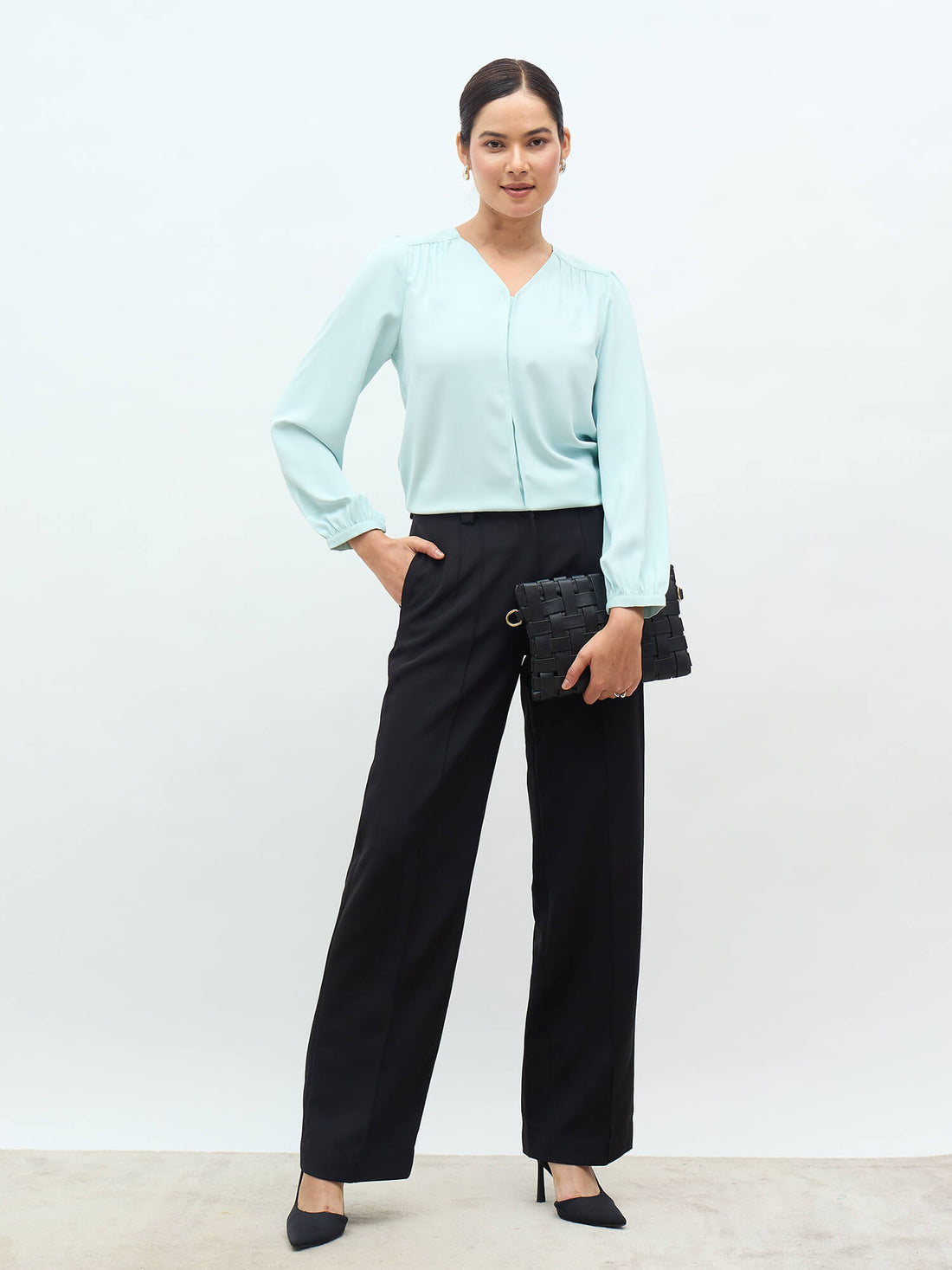 Dayna Gathered Yoke Top-Ice blue