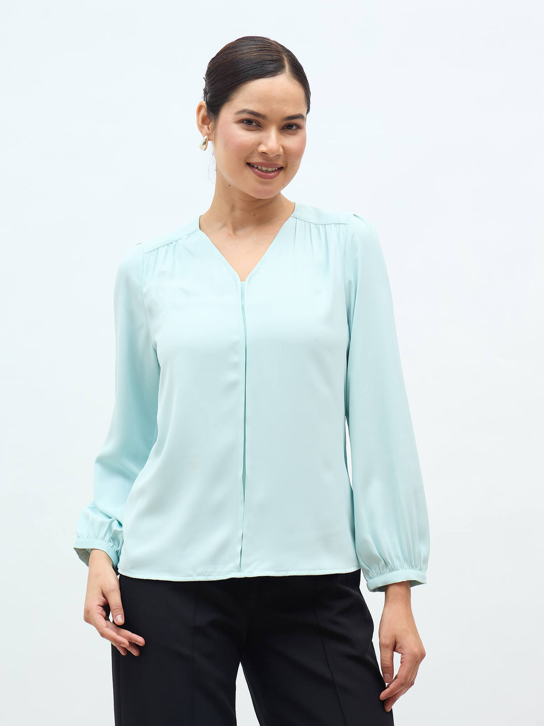 Dayna Gathered Yoke Top-Ice blue