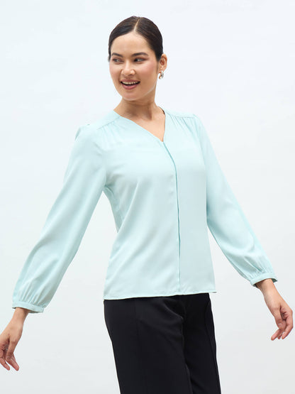 Dayna Gathered Yoke Top-Ice blue