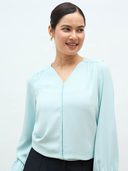 Dayna Gathered Yoke Top-Ice blue
