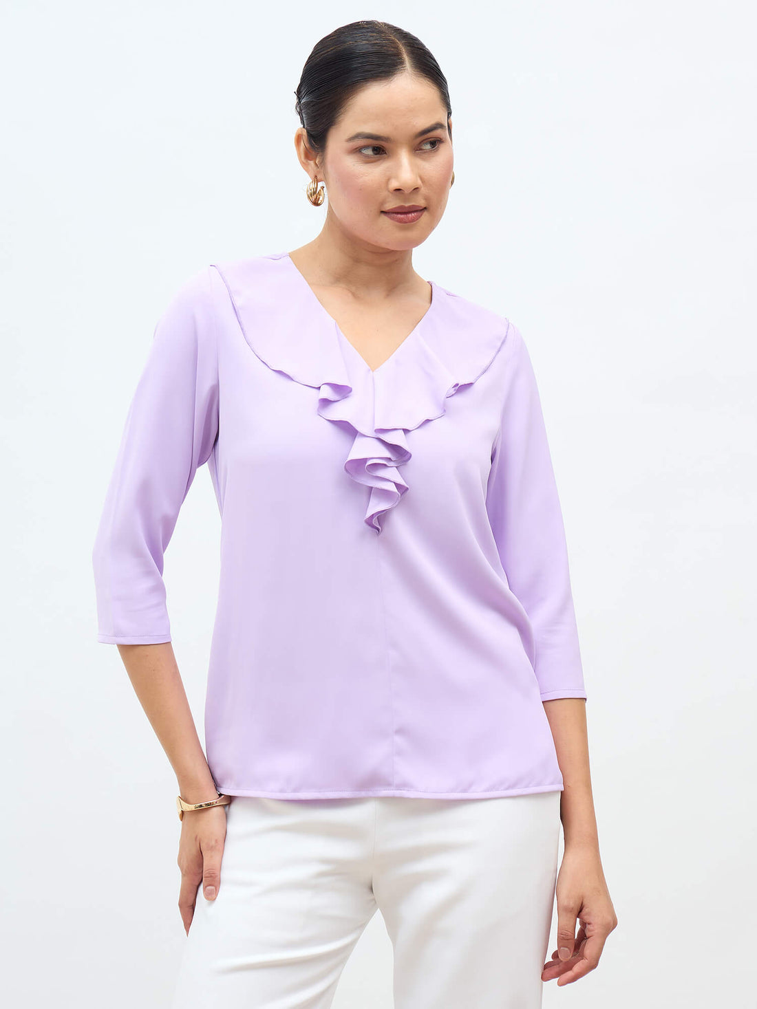 Kiah Ruffled Neckline Top-Lavender