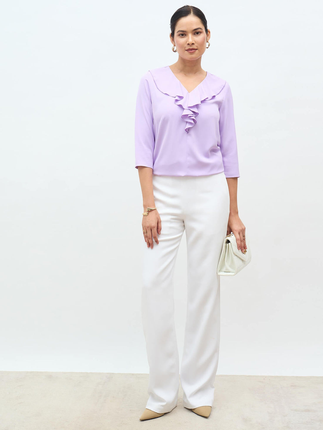 Kiah Ruffled Neckline Top-Lavender