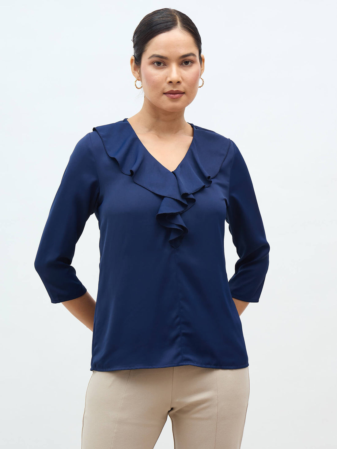 Kiah Ruffled Neckline Top-Navy