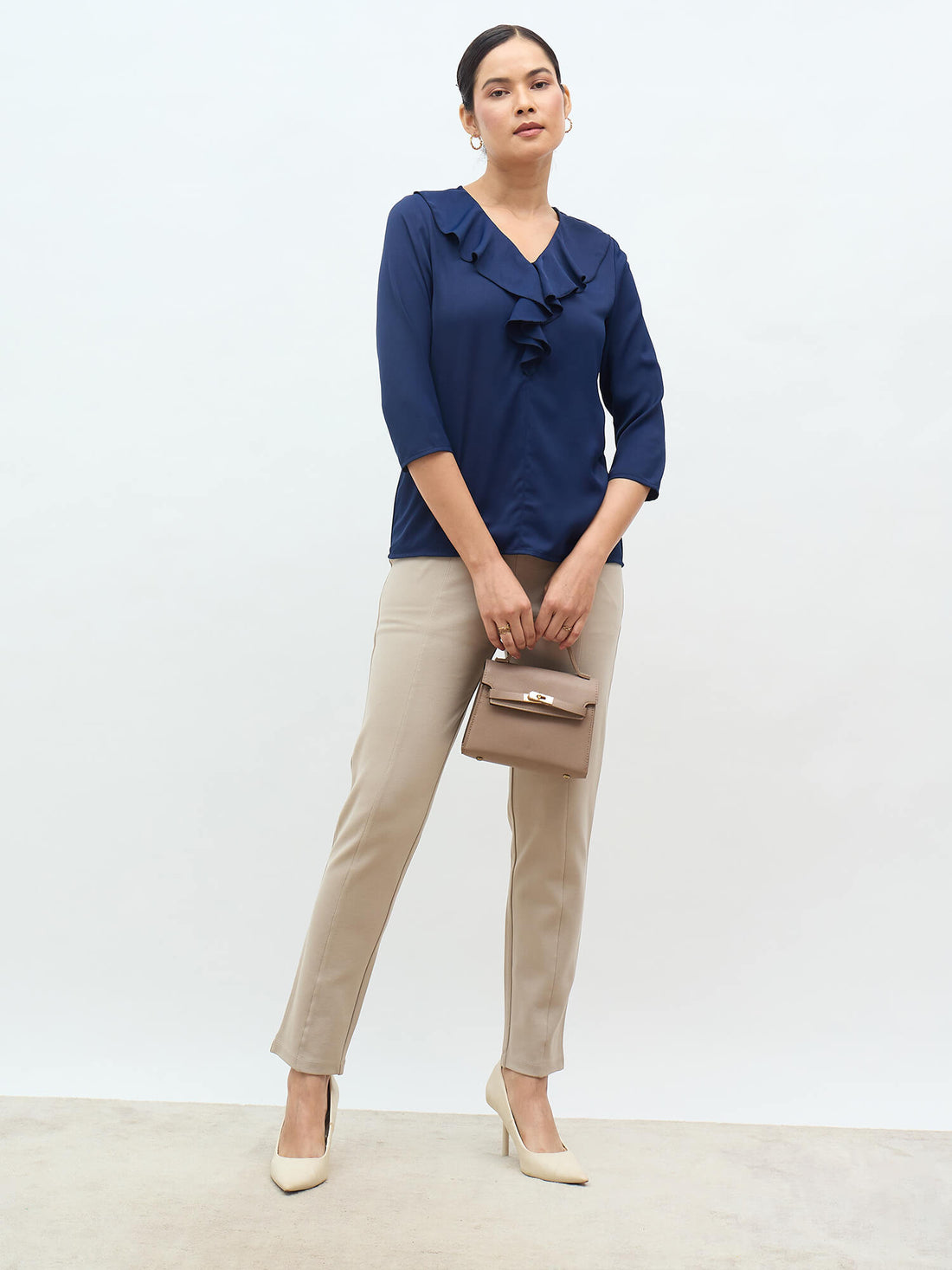 Kiah Ruffled Neckline Top-Navy