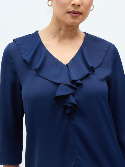 Kiah Ruffled Neckline Top-Navy