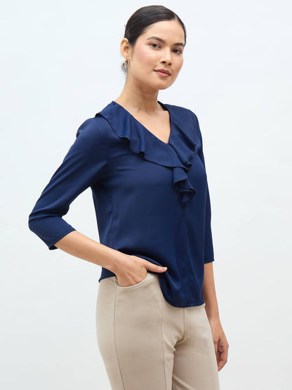 Kiah Ruffled Neckline Top-Navy
