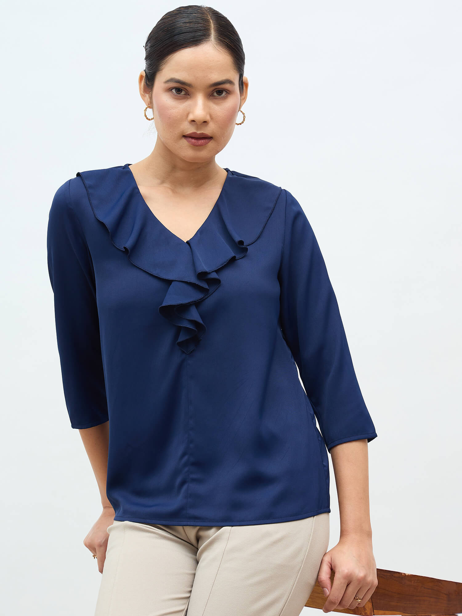 Kiah Ruffled Neckline Top-Navy - SALT Attire