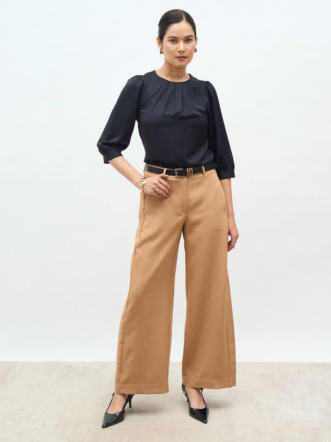 Jeany Pleated Neckline Top-Black