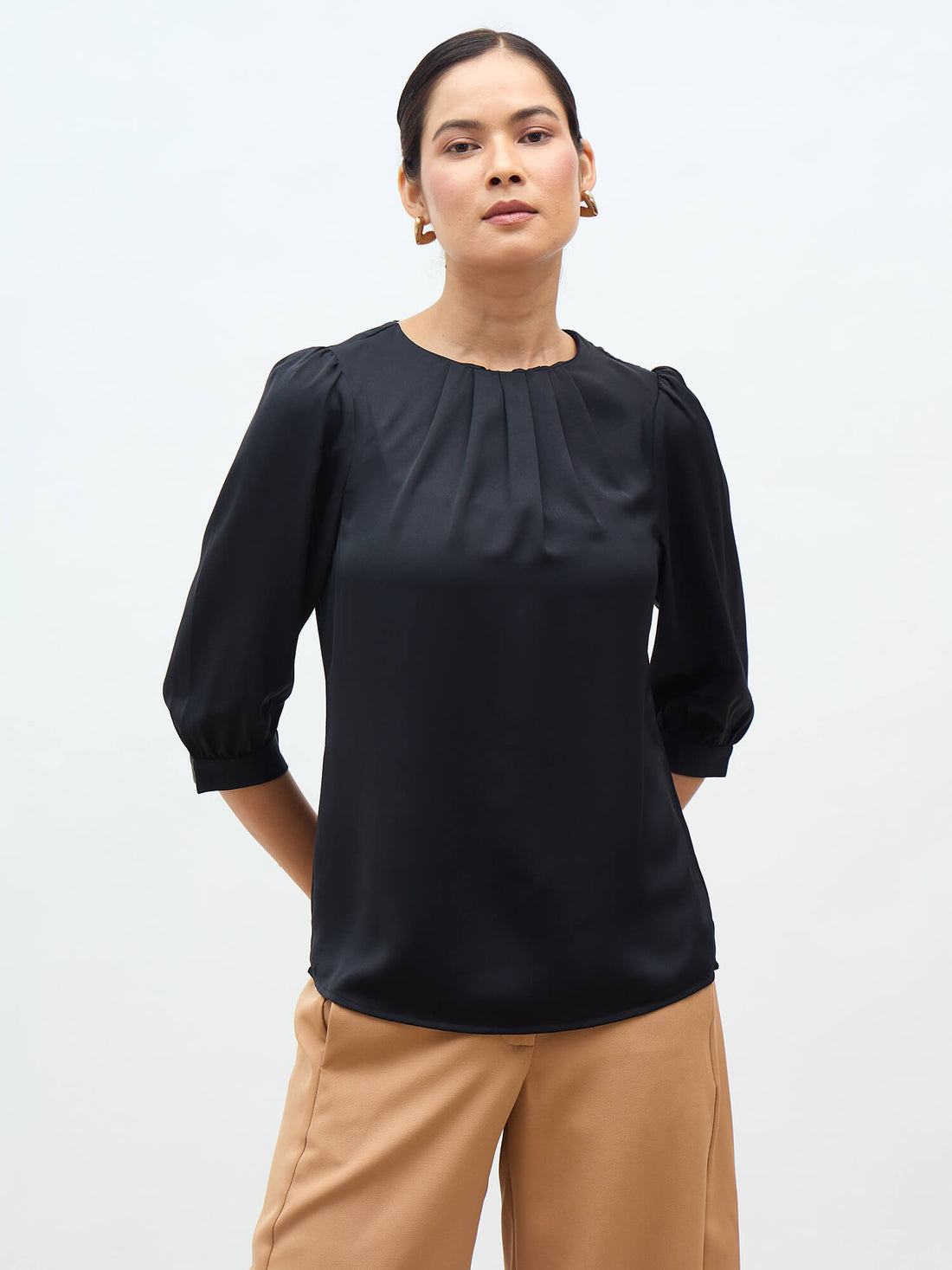Jeany Pleated Neckline Top-Black