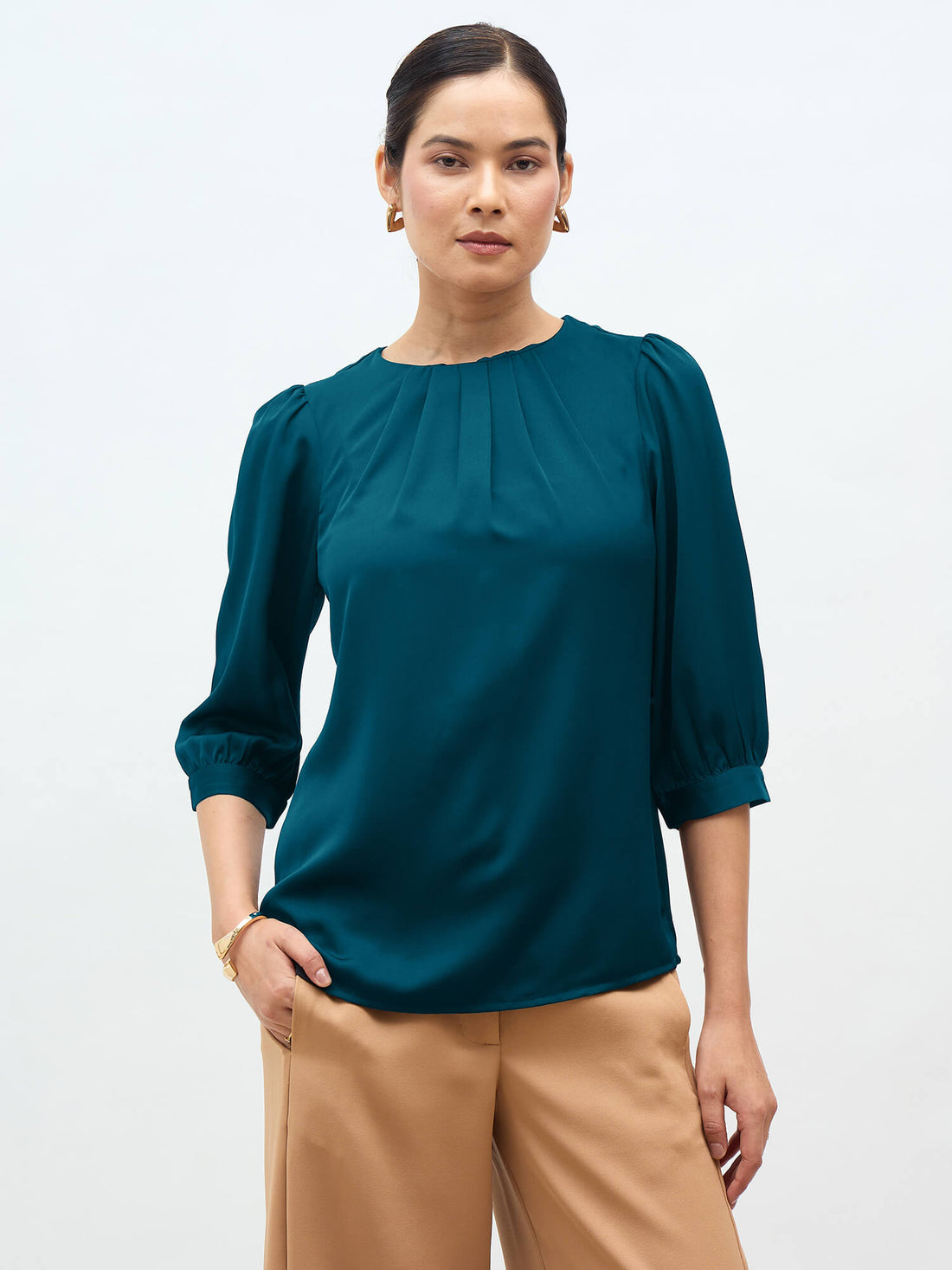 Jeany Pleated Neckline Top-Teal