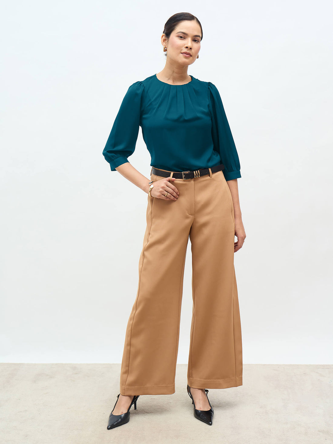 Jeany Pleated Neckline Top-Teal