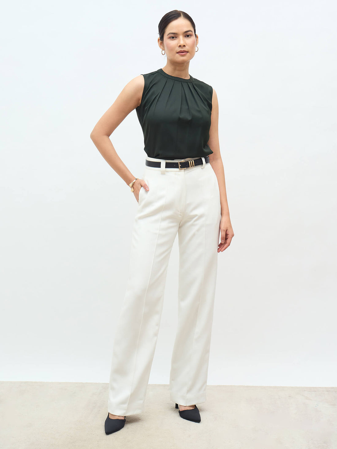 livia Front Pleat Top-olive