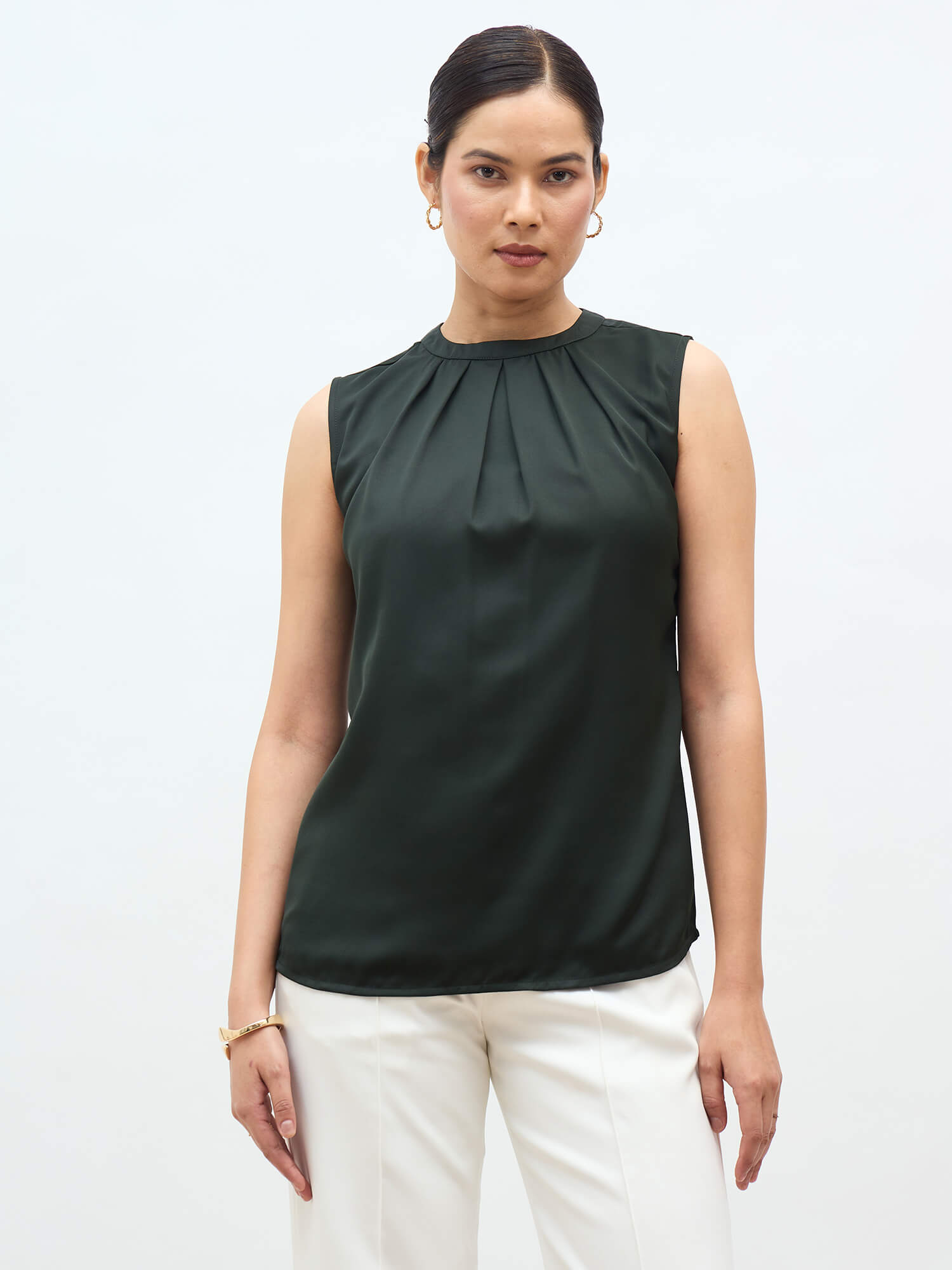 livia Front Pleat Top-olive